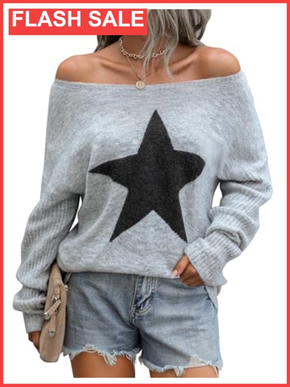 Off Shoulder Knit Sweater Star Graphic Pullover